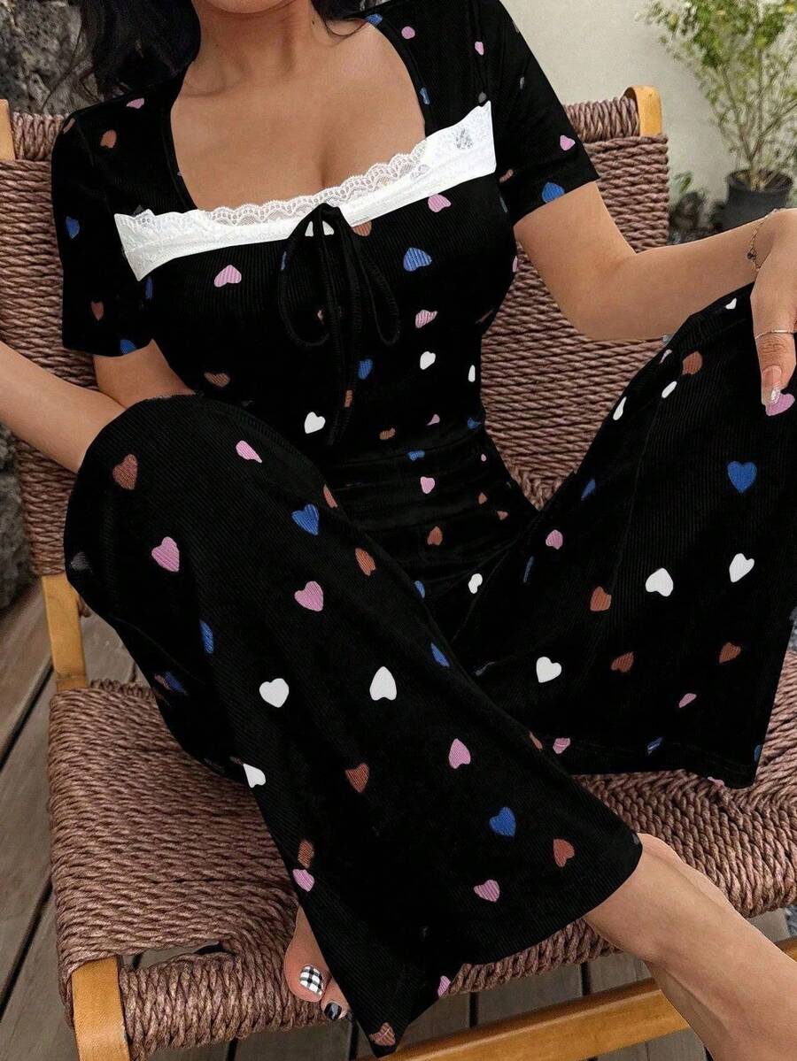 2pcs Lace Heart Trim Ribbed Sexy Lingerie Set, Fashionable Lace Trim Short Sleeve & Long Pants Casual Sleepwear Set, Spring/Summer/Autumn - Black - View 1