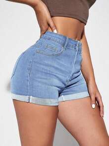 Shorts vaqueros casuales con bolsillos y puños para mujer - Lavado ligero - Ver 4