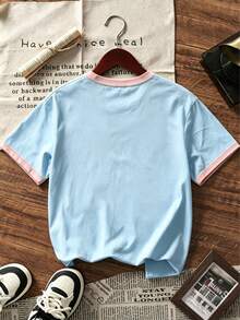 1pc Tween Girl Printed Short Sleeve T-Shirt, Student Youth Clothing, Summer Gift For Kids - Baby Blue - View 7