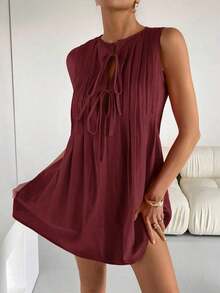 Vestido corto casual y sencillo sin mangas con lazo frontal de unicolor para mujer - Burdeos - Ver 4
