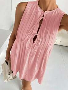Vestido corto casual y sencillo sin mangas con lazo frontal de unicolor para mujer - Rosa Pálido - Ver 3