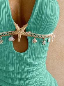 fsvsSoleia Vestido mini ajustado con cuello halter y detalle de retorcido en blanco, con accesorios metálicos, decoración de conchas, para playa y resort de vacaciones, atuendo de veranosdvs LAJH - verde menta - Ver 5