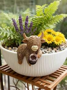 4pcs/1pc Highland Cow Statue Planter Decor, Highland Cow With Wine Glass Design, Cute Planter Accessories Resin Frog Statue Fairy Garden Aesthetic Plant Decor, Suitable For Garden, Yard, Lawn Decor Enthusiasts - A - View 7