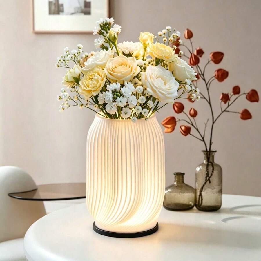 3D Printed LED Decorative Vase Lamp, USB Powered/3 Color Temperatures Dimmable, Suitable For Room, Office Desk, Living Room, Exhibition Hall, Multi-Scenario Lighting Decoration + Flower Arrangement, Plant Decor/Gift - Simple Style a - View 1