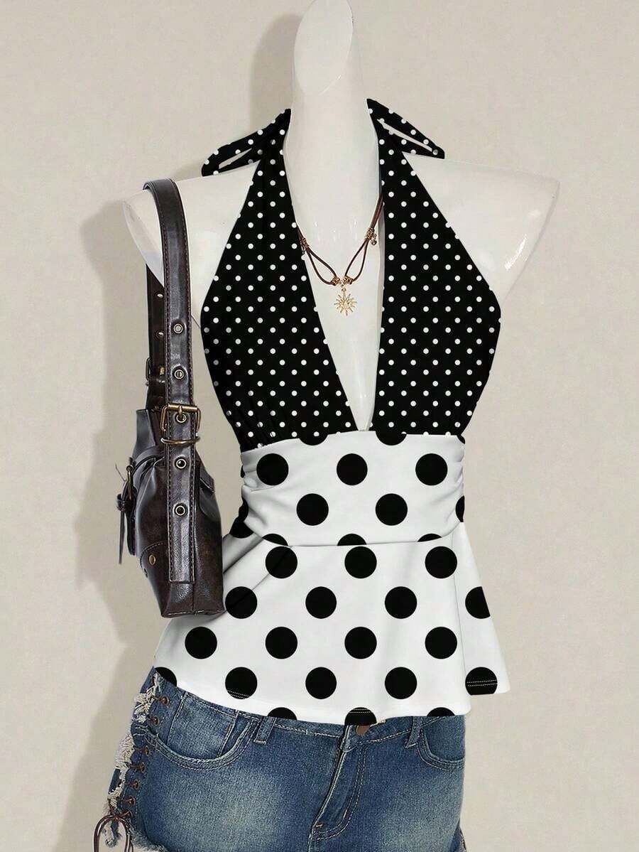 Top halter de estampado de rayas azul y blanco, elegante y versátil, adecuado para primavera/verano, cómodo para vacaciones de verano y playa para mujeres - Multicolor - Ver 1