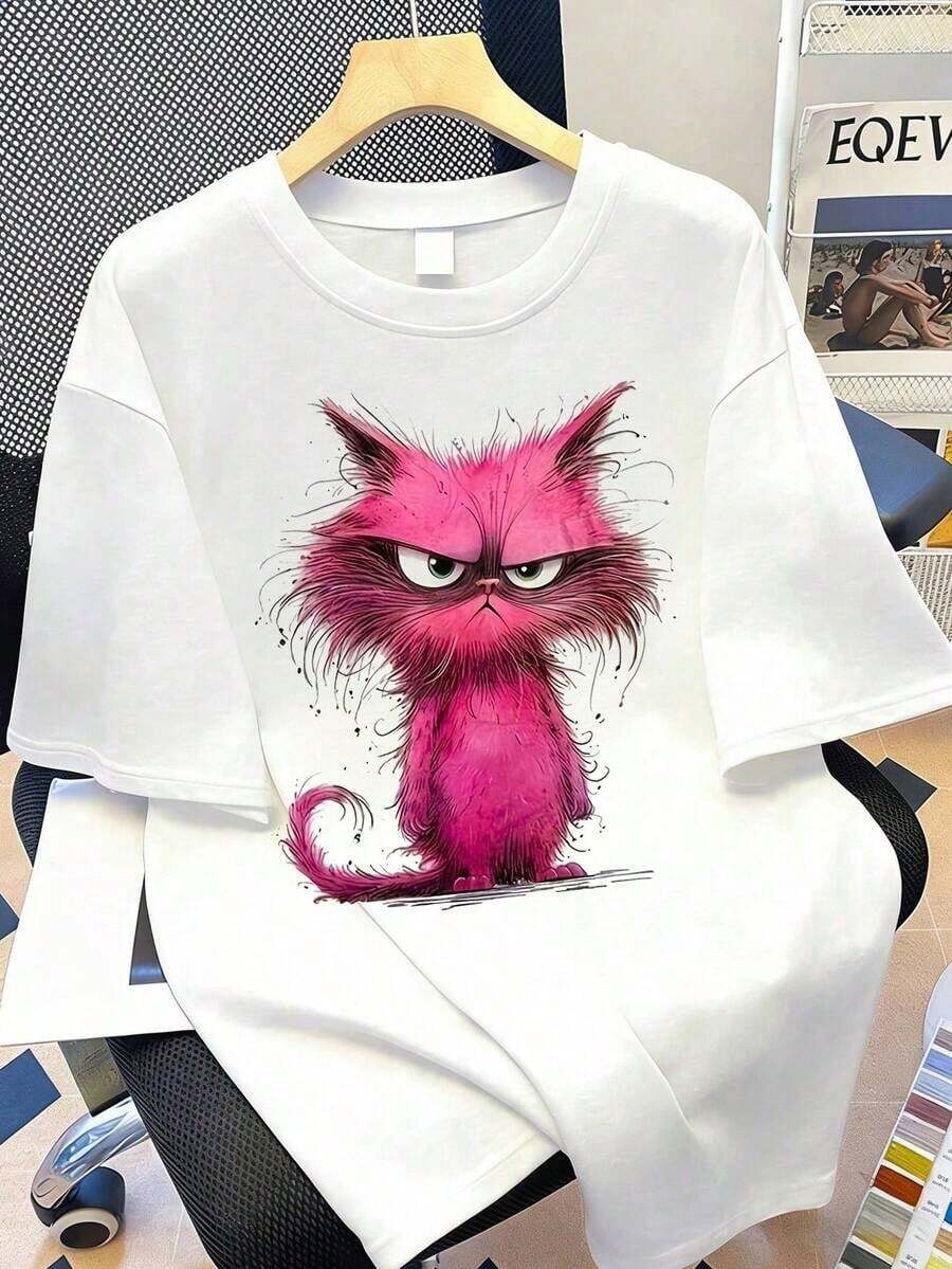 Camiseta para Mujer con Estampado de Dibujos Animados, Cuello Redondo, Manga Corta, Diseño Casual - Blanco - Ver 1