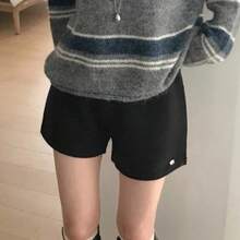 Pantalones Cortos de Punto Elásticos de Cintura Alta para Mujer, Estilo Chic, Versátiles, Talla Pequeña, Pantalones de Pierna... - Negro - Ver 4