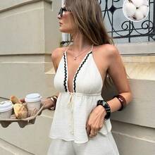 New Summer Style 100% Cotton Wavy-Hem Tie-Up V-Neck Camisole Top + Loose Shorts Two-Piece Set, Vacation Style Casual Beachwear Women S Summer Co Ord Vacation Outfits Woman Resort Wear Brunch Outfits For Women 2 Piece - Albaricoque - Ver 4