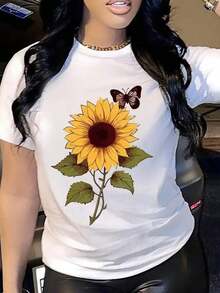 Camiseta estampada de Girasol, manga corta, cuello redondo, top casual para verano y primavera, ropa de mujerPure-Cotton - Blanco - Ver 1