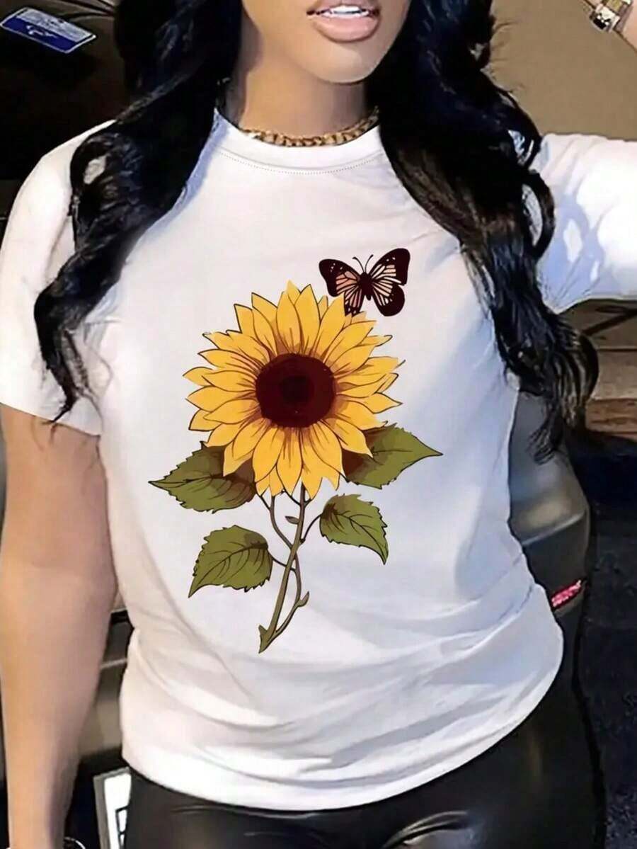 Camiseta estampada de Girasol, manga corta, cuello redondo, top casual para verano y primavera, ropa de mujerPure-Cotton - Blanco - Ver 1