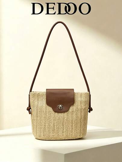 Dedoo Beige Straw Woven Shoulder Bag, PU Leather Trimmed Tote Purse With Turn Lock, Casual Summer Hobo Bag For Women