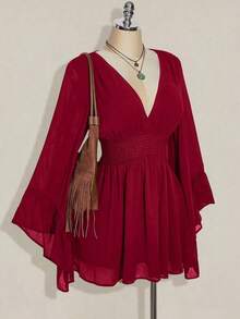 Vestido corto elegante de manga larga con cuello en V y cintura ceñida de unicolor para mujer - Burdeos - Ver 8