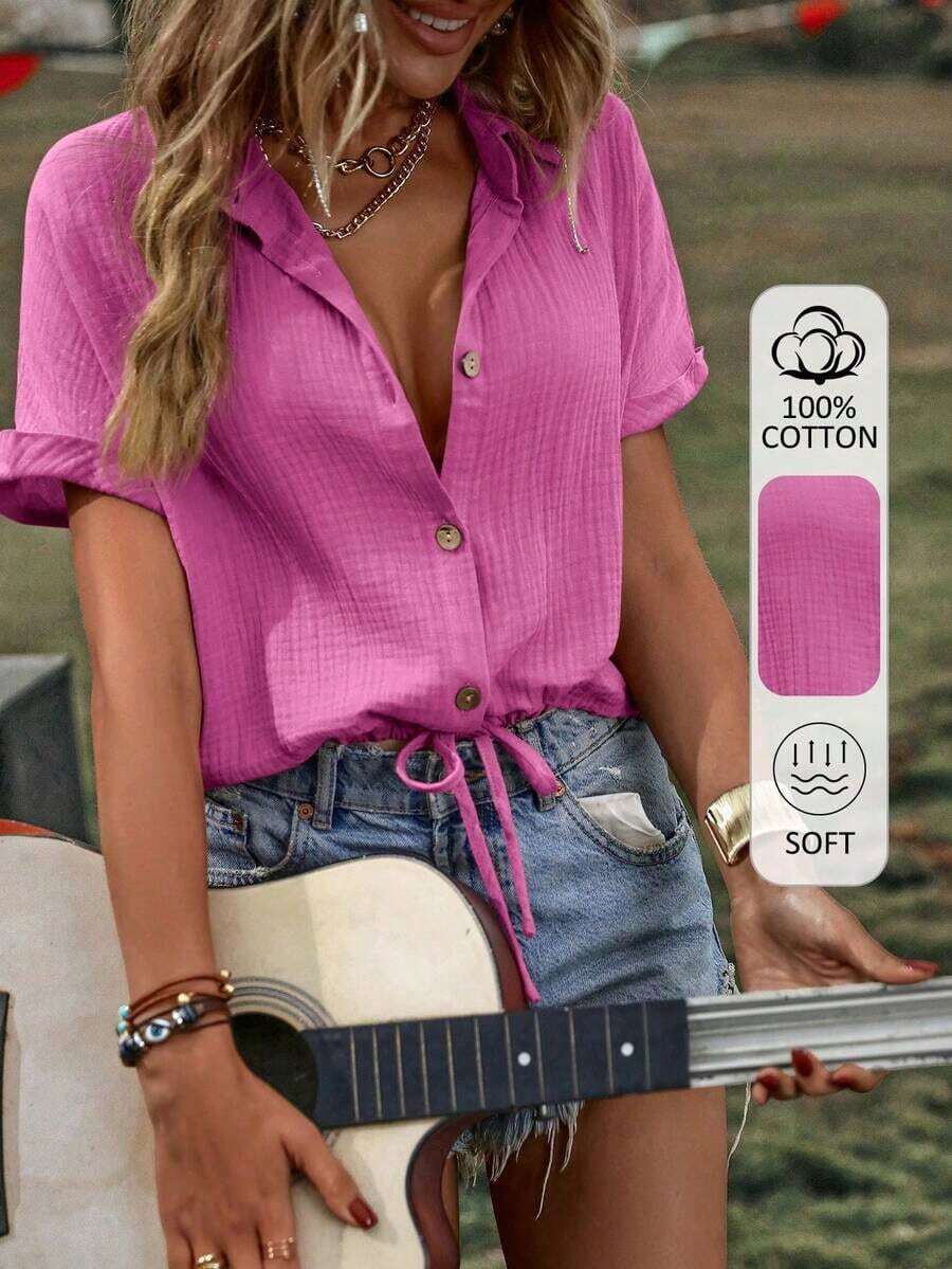 Camisa de verano para mujer, casual, suelta, de un solo botón y unicolor - Rosa Fucsia - Ver 1