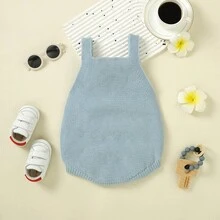 1pc Baby Girls Solid Color Sleeveless Bodysuit, Unisex Baby Knitted Bodysuit Newborn Simple Style - Teal Blue - View 4