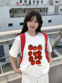 Women's Short-Sleeved T-Shirt, Loose Fit, Casual, Round Neck, Cartoon Tomato Print, White, Spring/Summer. Suitable As A Gift. Women's T-Shirt. Blouses > Elegant. Boho Chic. - 白色 - 查看 3