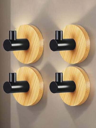 Mini Wall Mounted Hook With Wooden Bamboo Base, Black Self-Adhesive Wall Hooks For Bathroom, Kitchen, Home Decor, Decorative And Durable Utility Hooks, L-Shaped, Bathroom & Bedroom Accessories, Bathroom Storage Hooks, Home Bathroom Storage Solution, Towel Rack And Door Hooks, Wall Art Hooks And Key Hooks