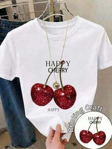 Camiseta Casual de Manga Corta con Cuello Redondo para Mujer, con Estampado de Cerezas Alegres, Corte Regular, Top de Poliéster para Estilo Diario, Camisetas Gráficas de Verano para Mujer - Blanco - Ver 1