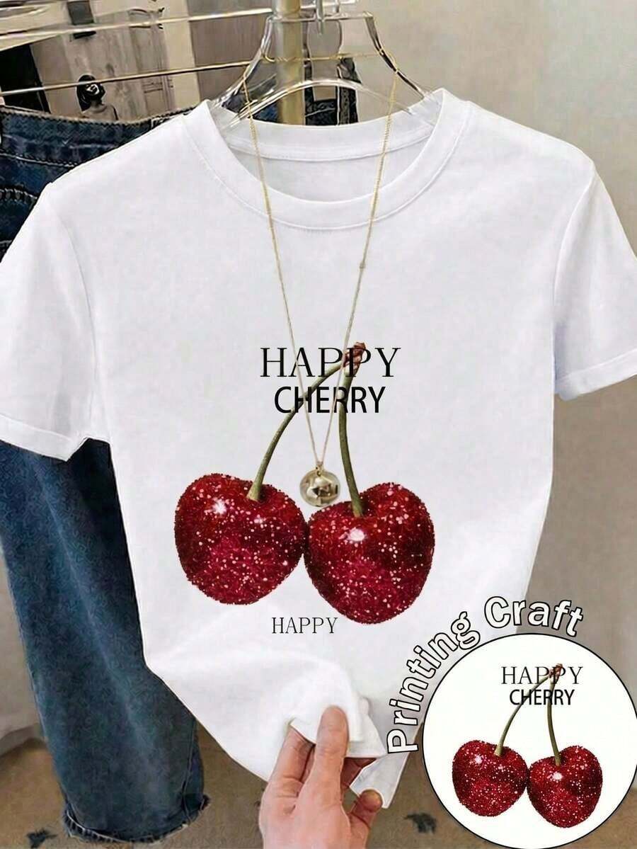 Camiseta Casual de Manga Corta con Cuello Redondo para Mujer, con Estampado de Cerezas Alegres, Corte Regular, Top de Poliéster para Estilo Diario, Camisetas Gráficas de Verano para Mujer - Blanco - Ver 1