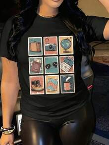 Camiseta suave 100% algodón para mujer, estilo casual de viaje, manga corta, cuello redondo, transpirable, combina con todo, genial. - Negro - Ver 3