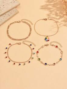 4pcs/Set Summer Casual Versatile Colorful Crystal Flower Layered Gold Tone Anklet Jewelry, Suitable For Holiday, Beach, Travel, Color Arrangement Of Crystals Is Random - Multicolor - View 2