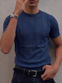 Jersey de punto de cuello redondo de manga corta acanalado para hombre, primavera/verano - Azul marino - Ver 5