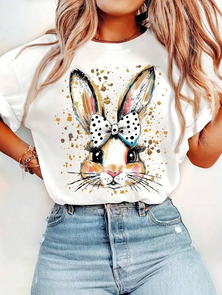 1 Piece Of Women's Short-Sleeved T-Shirt With Round Neck And Rabbit Print, Comfortable Fit, Machine Washable, Casual And Fashionable T-Shirt, Spring And Summer Clothing For Women, Suitable For Family Gatherings And Travel, 180g 100% Cotton. - 白色 - 查看 1