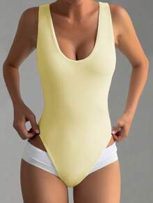 Muse Moon Women's Sexy V-Neck Sleeveless Solid Color Bodysuit, Suitable For Daily Wear Summer - Light Yellow - View 8