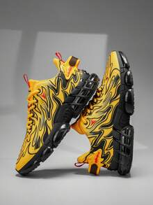 Men's Spring/Summer New Design Flame Pattern Print Outdoor Running Shoes, Personalized Mesh Breathable Comfortable Daily Sports Sneakers - Yellow - View 3