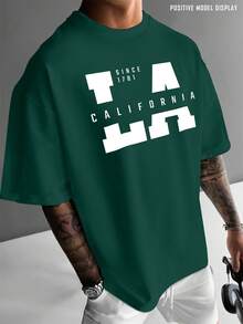 Fashion Casual T-Shirt - 100% Cotton, Regular Fit, Short Sleeve, Crew Neck, California LA West Coast Print, American Urban Style, Print Design, Perfect For Streetwear Or Everyday Wear, Or As A Gift - 深綠色 - 查看 2