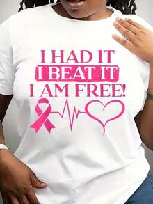 Breast Cancer Survivor T-Shirt For Women With Pink Ribbon And Heartbeat Design: I Had It, I Beat It, I'm Free. Inspirational Graphic T-Shirt For Breast Cancer Awareness Month., Maija, Stylish Short Sleeve For Women. - 白色 - 查看 7