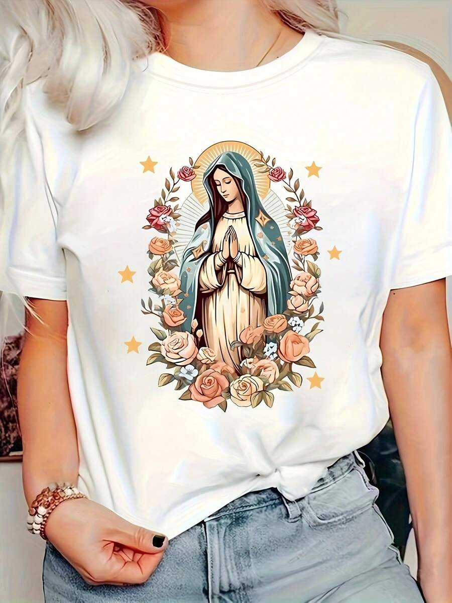 Camiseta Casual de Manga Corta con Estampado Floral y Gráfico de la Virgen María para Mujer - Cuello Redondo, Tejido Suave y Elástico, Ajuste Relajado, Lavable a Máquina, No Transparente, Ideal para Primavera y Verano