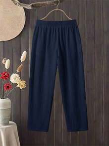 Women's Minimalist Solid-Color Casual Pants - 海軍藍 - 查看 2