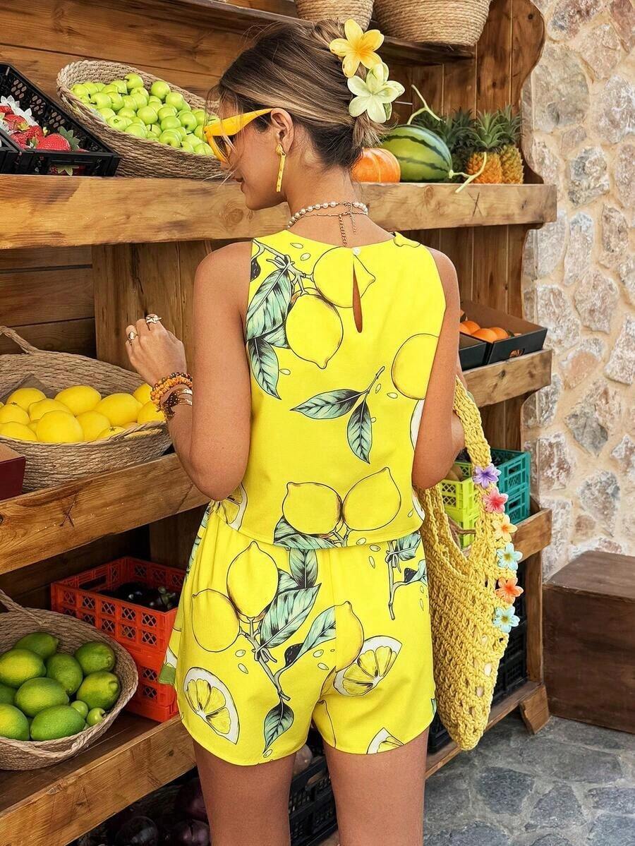 MAQE 2 piezas Conjunto de pantalones cortos sin mangas con estampado de limón, uso diario casual, conjunto de vacaciones que elevan el ánimo para mujeres - Amarillo - Ver 1