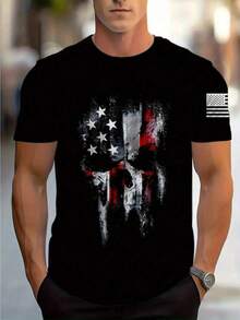 Men's Breathable Cotton T-Shirt With A Graphic Design Of The American Flag And Skull, Black, For Everyday Summer Wear, Casual Style, Urban Fashion, Ideal For Outdoor Activities. Soft To The Touch, Comfortable Fit, Smooth Feel, Non-Irritating, Loose And Comfortable For Summer. - Black - View 1