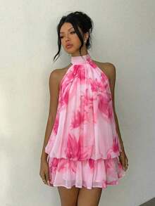 Elegant Women's Mini Dress With Halter Neck And Bow In Light Yellow - 淡粉紅色 2 - 查看 6