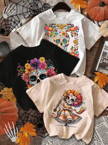 Single Garment, Not A 3-Piece Set. 1 Piece/Set Of Short-Sleeved T-Shirts Suitable For Streetwear. Oversized Crew Neck Top For Daily Outings, Camping, Concerts, Hip-Hop, Rock, And Rap Events. Day Of The Dead Floral Mexican Women's Casual T-Shirt Set In Solid Colors, Crew Neck, Short Sleeves, Versatile - 黑色 - 查看 8