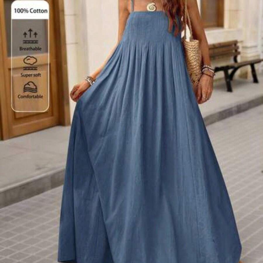 Women's Loose Solid Color Woven Dress, Suitable For Spring/Summer Vacation Solid Color Dress Green Maxi Dress Summer Dress - Neblina azul - Ver 1