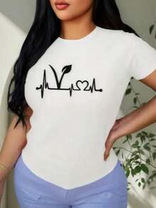 Camiseta de mujer de manga corta con cuello redondo, holgada, casual y versátil.Con estampado moderno, elegante y sofisticado de letras simples, ideal como prenda básica; confeccionada en tela suave con excelente caída - Blanco - Ver 2