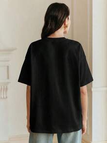 Camiseta Blanca de Cuello Redondo, Manga Corta, Casual, Adecuada para Vacaciones de Primavera a Verano, Ropa de Verano - Negro - Ver 3