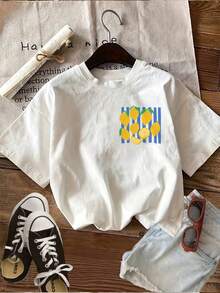 [Double-Sided Print] Women's Spring Summer Casual Tops, Fresh Style, Lemon Stripes, "Life With Lemon" Print, Round Neck Short Sleeve T-Shirt [Ling]Sommer - White - View 3