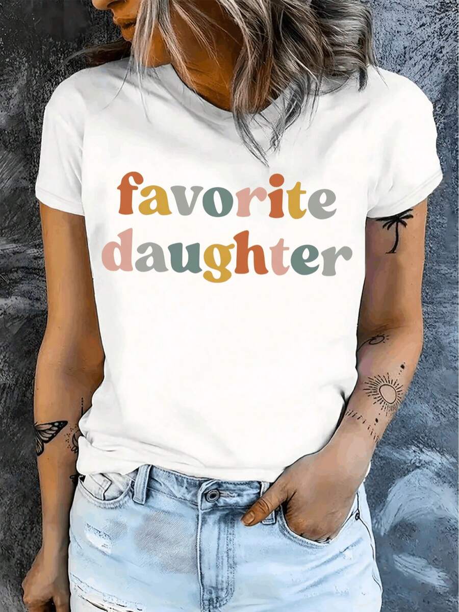 Women's Lightweight And Breathable Cotton T-Shirt, Limited Edition, For Beloved Daughter, Comfortable Crew Neck, Short Sleeve, Cotton Blend, Soft And Breathable, Women's T-Shirt For Spring/Summer, Urban Style, Letter Print, Lightweight Cotton - 白色 - 查看 1