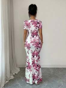 Vestido de verano de manga corta para mujer, vestido de vacaciones con estampado digital, vestido de playa y vacaciones con bajo con abertura, vestido largo con fruncido en la cintura - Rosa - Ver 2