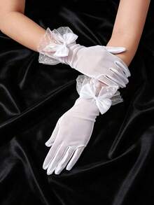 Guantes elegantes cortos de tul y encaje con lazo - Adecuados para vestido de novia, fiesta de cumpleaños, baile de graduación, sesión fotográfica - Conjunto de cumpleaños de princesa y guantes de etiqueta para ocasiones especiales, festivales, campamentos - Blanco - Ver 6