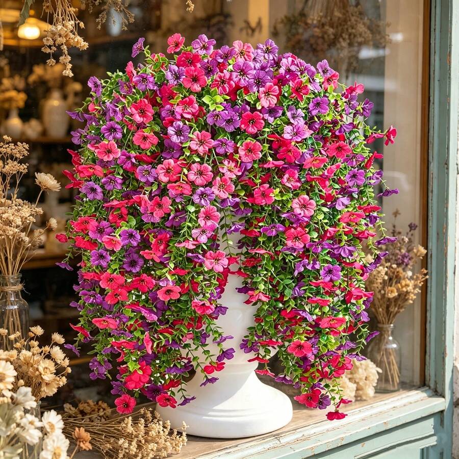 4 Stücke lebendiger künstlicher Hängender Blumenstrauß, hergestellt aus verschiedenen Farben und dichten Eukalyptusblättern, Kunststoffkonstruktion geeignet für den Außenbereich, wartungsfreies Design, ideal für Inneneinrichtung, Hochzeiten, Feste und Feiertage. - 4 Stück – Rosa - Übersicht 1