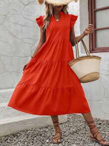 Vestido de esmoquin con cuello en pico y ribete de volantes para ropa de Año Nuevo, vestidos largos para vacaciones y atuendos de playa para mujeres - Naranja - Ver 6