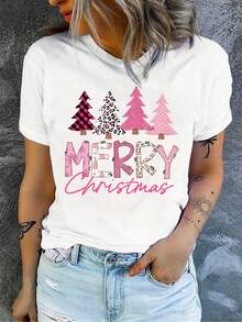 Women's Christmas Graphic T-Shirt - "Merry Christmas" Lettering With Plaid, Leopard, And Tartan Tree Designs - Breathable Casual Crew Neck Top - Machine Washable Clothing For Christmas Gifts, Christmas T-Shirts, Seasonal Clothing, Festive Design, Soft Material, Holiday Wear, Festive Garments - 白色 - 查看 3