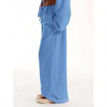 Tie Front Linen Feel Beach Trousers Elegant Summer Vacation Sun Casual Boho White Airport Beach Pants Spring Holiday - Màu xanh lam - Xem 4