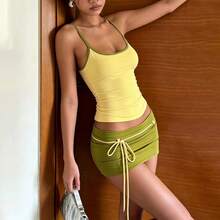 2026 Spring Women 2 Piece Outfit Spaghetti Strap Cami Top Tie Waist Slim Bodycon Mini Skirt Sexy Streetwear Party Set - 黃色 - 查看 3