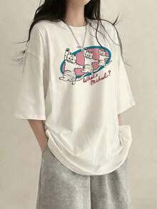 Personalized T-Shirt For Women, Loose Fit, Round Neck, Short Sleeve, Letter And Cat Print, Casual-Vintage Urban Style, White, Cotton, For Spring/Summer - 白色 - 查看 1