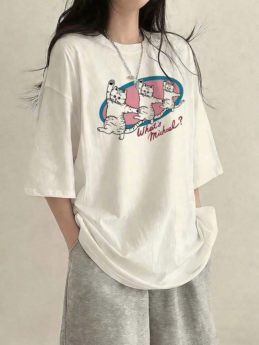 Personalized T-Shirt For Women, Loose Fit, Round Neck, Short Sleeve, Letter And Cat Print, Casual-Vintage Urban Style, White, Cotton, For Spring/Summer - 白色 - 查看 1